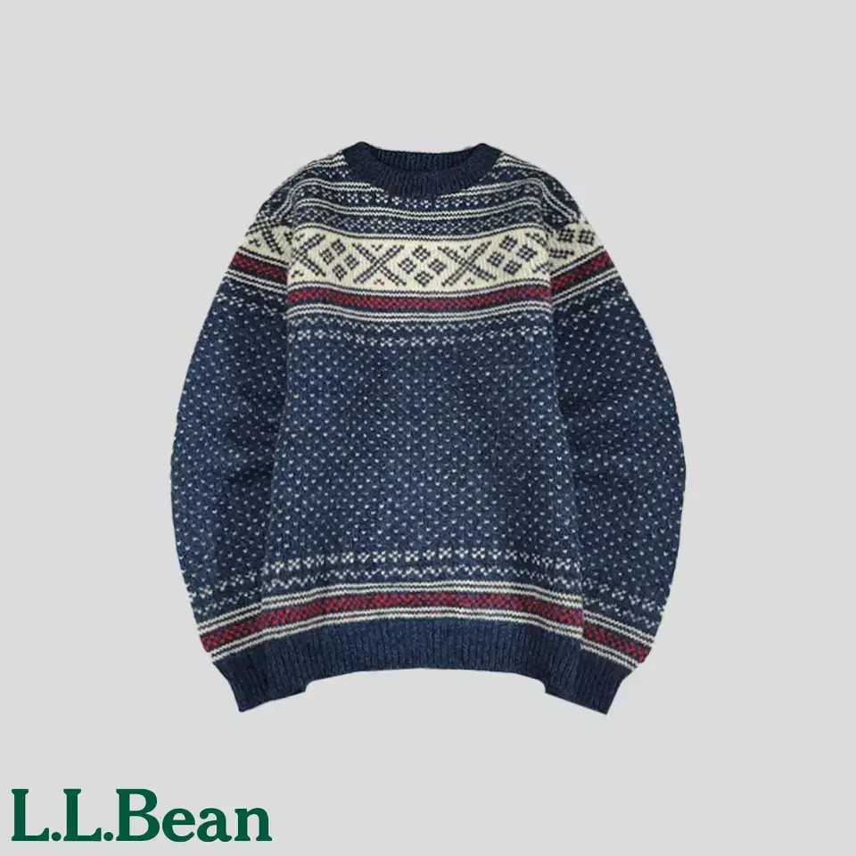 L.L.BEAN 80s 엘엘빈 네이비 화이트 레드 하트도트 노르딕패턴 울